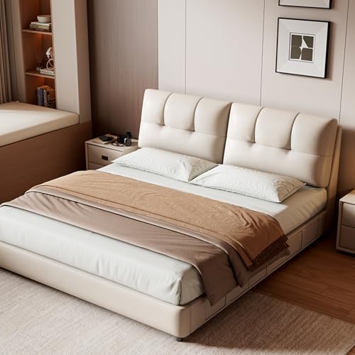 HONGYISHI Weißes modernes Simplicity Queensize-Bettgestell, Leder, gepolstertes Plattformbett mit robuster Holzlattenstütze mit Kopfteil, geräuschfrei von HONGYISHI