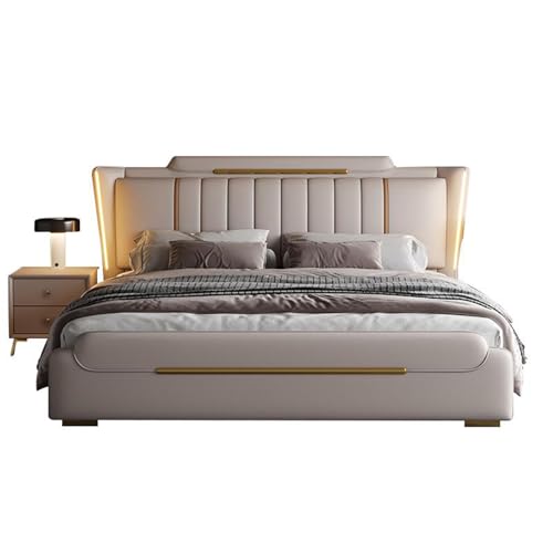HONGYISHI Weißes modernes leichtes Luxusbett für Queen-Size-Betten, ergonomisches gepolstertes Kopfteil, Holzlattenstütze, geräuschfrei von HONGYISHI
