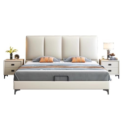 HONGYISHI White Modern Simplicity Bettgestell in voller Größe, gepolstertes Plattformbett, Holzlattenstütze, mit Kopfteil, geräuschfrei von HONGYISHI