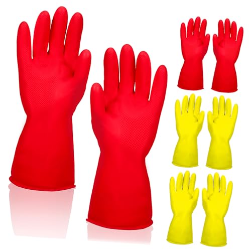 HONITANO 4 Paare Gummi Reinigungshandschuhe Rutschfeste Spülhandschuhe mit Textur an Handfläche und Fingerspitzen Wiederverwendbare Weiche Haushaltshandschuhe in Gelb und Rot Langlebig und von HONITANO