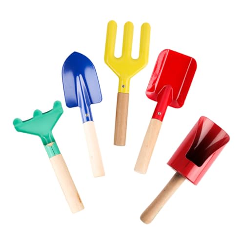 HONITANO 5 Stück Teiliges Holzgriff mit Schaufel Rechen Forke Robustes Outdoor Mädchen Jungen zum Pflanzen Jäten und Bodenlockern im Sandkasten und Garten von HONITANO