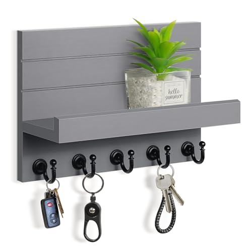 HONJIN Schlüssel- und Briefhalter für die Wand: Rustikaler Schlüsselaufhänger Schlüsselhalter Organizer mit 5 stabilen Schlüsselhaken für Eingangsbereich, Schlafzimmer, Küche, Hausdekoration (grau) von HONJIN