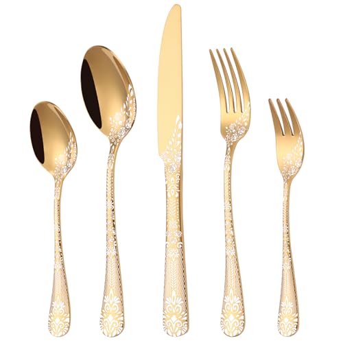 Besteck Set Gold für 6 Personen, HONKKU 30-teiliges Edelstahl Besteckset, Essbesteck Set Spiegel Polierter mit Blumenmustern, Gabel Löffel Messer Set Spülmaschinenfest von HONKKU