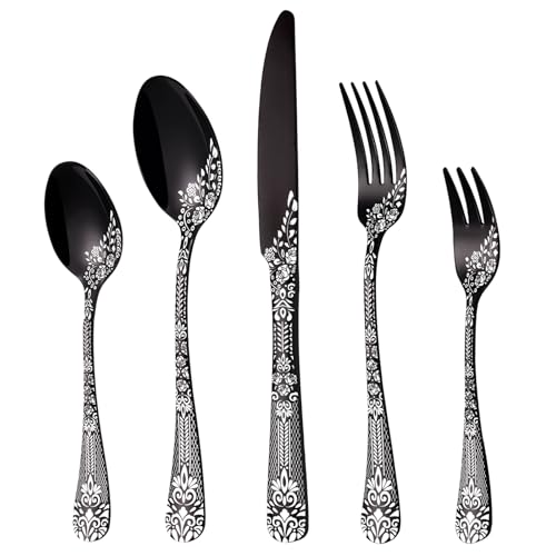 Besteck Set Schwarz für 6 Personen, HONKKU 30-teiliges Edelstahl Besteckset, Essbesteck Set Spiegel Polierter mit Blumenmustern, Gabel Löffel Messer Set Spülmaschinenfest von HONKKU
