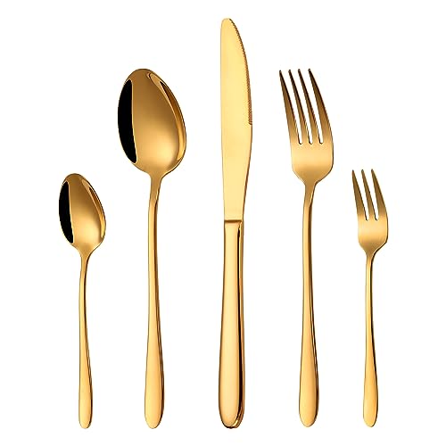 HONKKU 30 Teilig Besteck Set Golden, Edelstahl Besteckset für 6 Personen, Essbesteck Set mit Abendessen Messer, Gabeln und Löffeln für Zuhause/Restaurant/Party/Bankett, Rostfrei Spülmaschinenfest von HONKKU