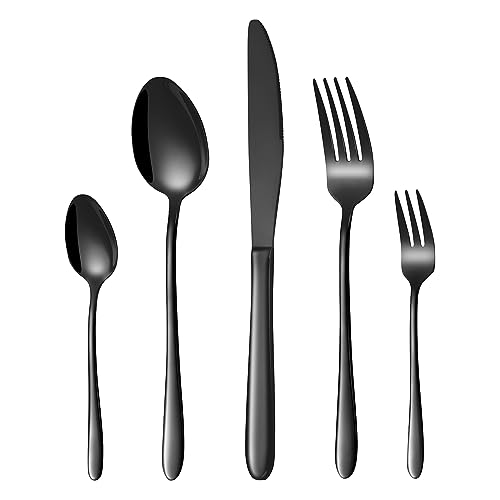 HONKKU Besteck Set Schwarz, 30 Teilig Edelstahl Besteckset für 6 Personen, Essbesteck Set mit Abendessen Messer, Gabeln und Löffeln für Zuhause/Restaurant/Party/Bankett, Rostfrei Spülmaschinenfest von HONKKU