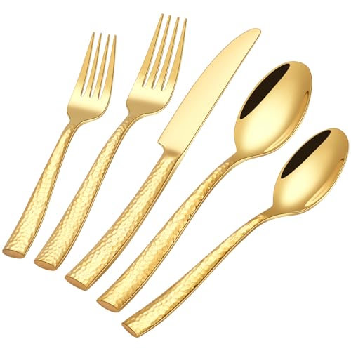 HONKKU 30 Teiliges Besteck Set 6 Personen Gold, Verdickter Edelstahl Besteckset mit Gehämmert Griff, Essbesteck Set mit Messer Gabel Löffel, Spiegel Polierter Spülmaschinenfest von HONKKU