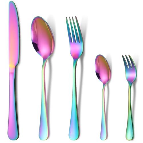 HONKKU Besteck Set 6 Personen, 30 Teilig Regenbogen Besteckset mit Messer Gabel Löffel, Essbesteck Set Edelstahl Spiegelpoliert, Spülmaschinenfest von HONKKU