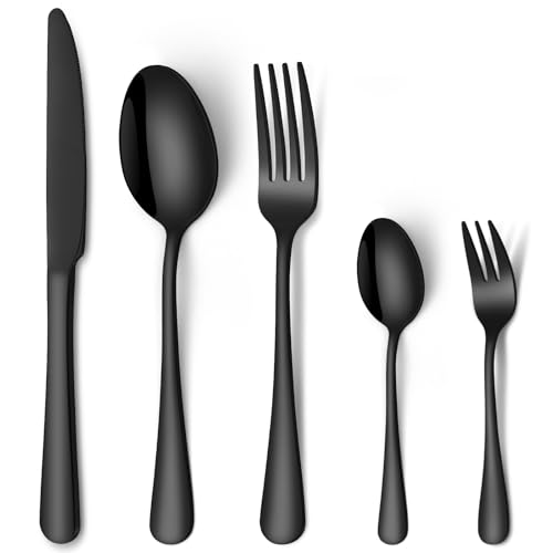 HONKKU Besteck Set 6 Personen, 30 Teilig Schwarz Besteckset mit Messer Gabel Löffel, Essbesteck Set Edelstahl Spiegelpoliert, Spülmaschinenfest von HONKKU