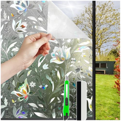 HONLONE Fensterfolie Bunt, 60x200cm Milchglasfolie Selbstklebend Fenster Blumen Tulpe, Sichtschutzfolie Fenster Innen 3D Regenbogen Folie Fenster ichtschutz, Fensterfolie Blickdicht Anti UV von HONLONE