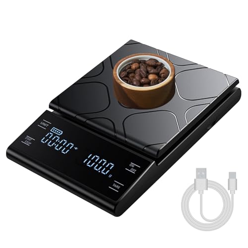 HONPHIER Mini Kaffeewaage mit Timer Wiederaufladbare Digital kaffeewaage 5kg/0,1g Präzisionswaage für Espresso und Pour-Over mit LED-Anzeige, Berührungssensor, Schwarz von HONPHIER