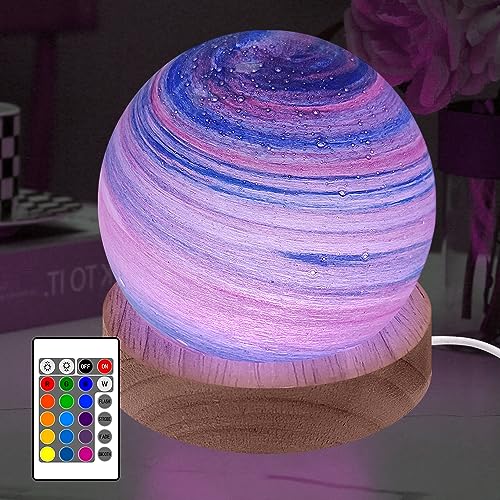 HONPHIER Planeten Lampe Glaskugel Nachtlicht 16 Farben RGB Dimmbar Stimmungslicht USB Astronomische Licht mit Fernbedienung, Holzsockel, Dekoration für Heim, Familie Freund Geschenke, 8 CM von HONPHIER