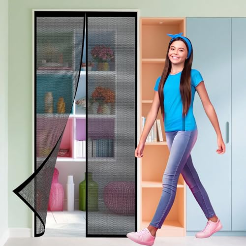 Magnet Fliegengitter Tür 220 x 194 cm Automatisch Verschließen Stärkere Magnet Insektenschutz Tür für Balkon Wohnzimmer Schlafzimmer Türen Terrassentür, Schwarz von HONQGAO