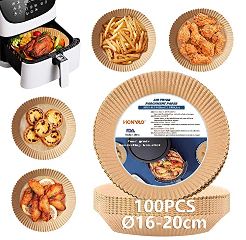 HONYAO Backpapier für Heißluftfritteuse 2-4,2 L, 16-20cm 100 Stück Rund Pergamentpapier Airfryer Liners, Disposable Paper für Ofen und Air Fryers von HONYAO