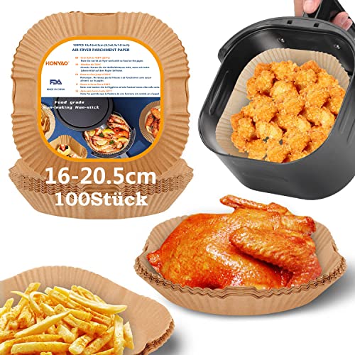 HONYAO Backpapier für Heißluftfritteuse 2-4,1 L, 100 Stück 16-20,5 cm Eckig Air fryer Baking Papier Liners Antihaft Einwegpapier Zubehör kompatible mit Philips Cosori Xiaomi Airfryer von HONYAO