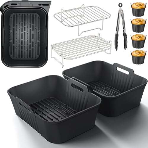 Ninja Heißluftfritteuse Zubehör, HONYAO Airfryer Ersatzteile für AF400EU AF300EU AF451EU, 9 Teile Accessories Kuchenform Grillrost Größeres Silikonform für Dual Zone Air Fryer 7,6-10 L von HONYAO