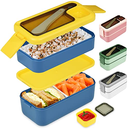 HONZUEN Brotdose,Auslaufsicher Bento Box für Kinder Erwachsener Mädchen mit Fächern und Besteck,Kunststoff BPA Frei Ecobox Lunch Box Brotdose für Schule Mikrowellenfest und Spülmaschinen(Blau) von HONZUEN