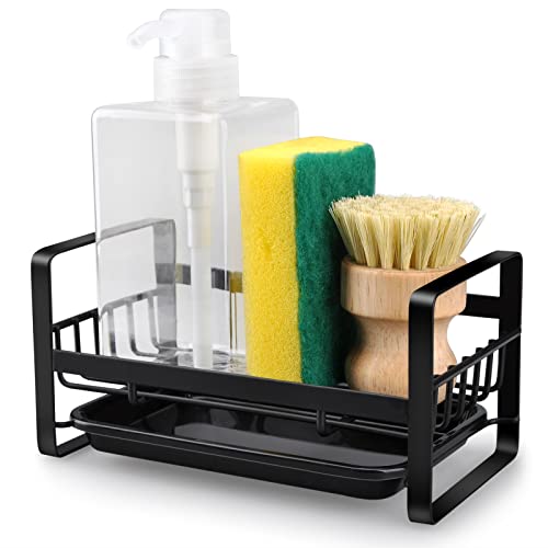 HONZUEN Spülbecken Organizer mit Abtropfschale Spülorganizer küche mit Handtuchhalter und Haken Kein Bohren Küchenspüle Schwammhalter Hängend Wand Sink Organizer für Badezimmer, Schwarz von HONZUEN