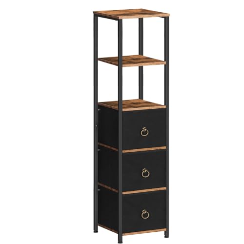 HOOBRO Badezimmerschrank, freistehendes Aufbewahrungsregal für Badezimmer, schmaler Aufbewahrungsschrank, multifunktionaler Hochschrank, 3 Stoffschubladen, Vintagebraun und Schwarz EBF140CW01 von HOOBRO