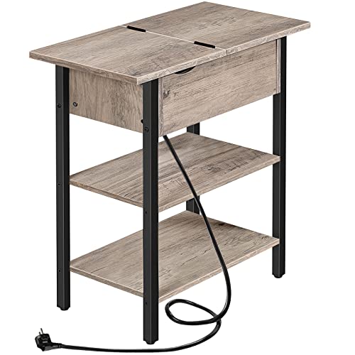 HOOBRO Beistelltisch, Flip-Top Sofatisch mit Ladestation und Ablagefläche, Schmaler Nachttisch für kleine Räume, Schlafzimmer, Wohnzimmer, Stabile, Greige-Schwarz EBG342BZ01 von HOOBRO