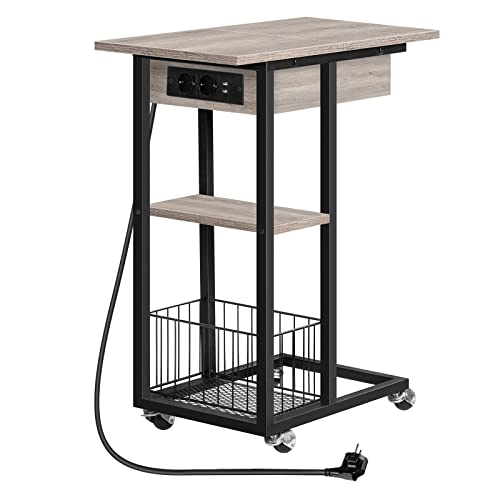 HOOBRO Beistelltisch mit Ladestation, Flip C-Form Sofatisch, Couchtisch mit Rädern und Ablagefläche, Nachttisch für Wohnzimmer, Schlafzimmer, Greige-Schwarz EBG022SF01G1 von HOOBRO