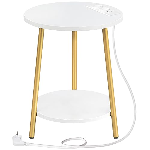 HOOBRO Beistelltisch mit Ladestation, runder Couchtisch mit 2 Ebenen, Wohnzimmertisch, Nachttisch für kleine Räume, Sofatisch für Wohnzimmer, Schlafzimmer, Weiß und Gold EDW67CBZ01 von HOOBRO