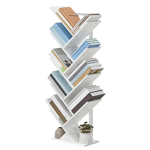 HOOBRO Bücherregal, Standregal in Baumform, bodenstehendes Bücherregal mit 9 Ebenen, Bücherregal für das Heimbüro, zur Aufbewahrung von Büchern, CDs, stark und stabil, für Wohnzimmer, Weiß EWT08SJ01G1 von HOOBRO