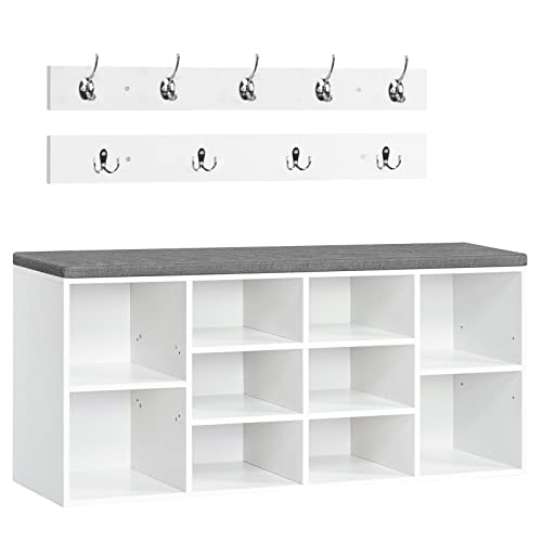 HOOBRO Garderobe Schuhregal Set, Schuhbank mit 10 Fächern, Schuhregal mit gepolsterter Sitzbank, Wandgarderobe mit 9 Haken, Schuhschrank für Flur, Eingangsbereich, Schlafzimmer weiß EWT110HX01 HOOBRO Garderobe Schuhregal Set, Schuhbank mit 10 Fächern, Schuhregal mit gepolsterter Sitzbank, Wandgarderobe mit 9 Haken, Schuhschrank für Flur, Eingangsbereich, Schlafzimmer weiß EWT110HX01 von HOOBRO