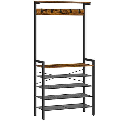 HOOBRO Garderobenständer, 5-lagiges Schuhregal, Garderobe, Kleiderständer mit 5 abnehmbaren Haken, oberer Ablagefläche, Flur, Wohnzimmer, vintagebraun-schwarz EBF74MT01 HOOBRO Garderobenständer, 5-lagiges Schuhregal, Garderobe, Kleiderständer mit 5 abnehmbaren Haken, oberer Ablagefläche, Flur, Wohnzimmer, vintagebraun-schwarz EBF74MT01 von HOOBRO