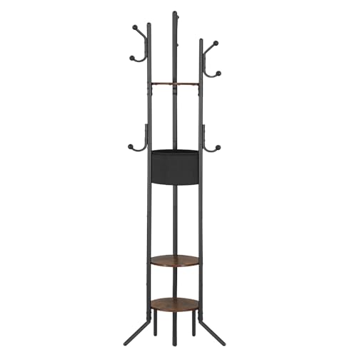 HOOBRO Garderobenständer mit Ablagen, Freistehender Kleiderständer mit Korb, 6 Stützbeine, 9 Haken, Kleidung, Taschen und Hüte, Eingangsbereich, Flur, Schlafzimmer, Vintagebraun und Schwarz EBF45YM01 von HOOBRO