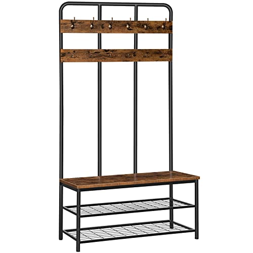 HOOBRO Großer Garderobenständer, Garderobe mit Sitzbank, Schuhregal mit Sitzfläche, Kleiderständer mit 12 Haken, 100 x 35,5 x 182 cm, für Flur, Industriestil, Dunkelbraun-Schwarz EBF05MT01 von HOOBRO