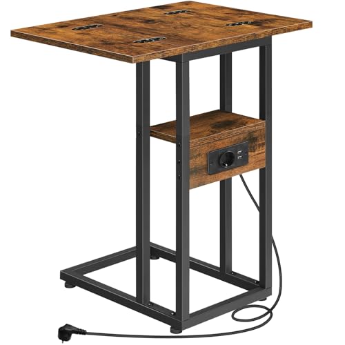 HOOBRO Beistelltisch, C-förmiger Beistelltisch mit Ladestation, unter dem Sofa oder Bett verschiebbarer Sofatisch, für Wohnzimmer, Schlafzimmer, Vintagebraun und Schwarz EBF29CSF01 von HOOBRO