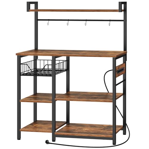 HOOBRO Küchenregal mit Steckdosen, Standregal für Küche, Regal, Mikrowellen-Ofenständer mit 4 S-Haken, 40 x 90 x 132 cm, rustikales Braun und Schwarz EBF05CHB01G1 von HOOBRO
