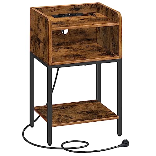 HOOBRO Nachttisch, Beistelltisch mit Ladestation, Nachtschrank mit 2 AC-Anschlüssen, 2 USB-Anschlüssen, für Schlafzimmer, Wohnzimmer, Vintagebraun und Schwarz EBF38CBZ01 von HOOBRO