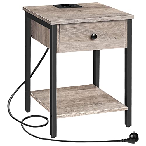 HOOBRO Nachttisch, Beistelltisch mit Ladestation und USB-Anschlüssen, Nachttisch mit Schublade und Ablage, Nachtschrank für kleine Räume und Schlafzimmer, Greige-Schwarz EBG40CBZ01 von HOOBRO