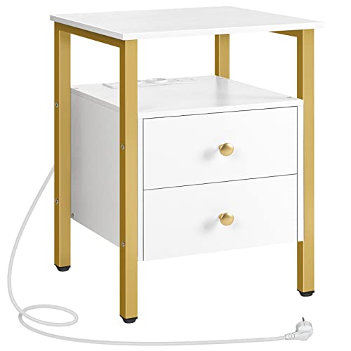 HOOBRO Nachttisch, Beistelltisch mit Steckdosen und USB-Anschlüsse, Couchtisch mit Schubladen und Ablagefläche für Wohnzimmer, Schlafzimmer, einfach zu montieren, Weiß und Gold EDW43CBZ01G2 von HOOBRO