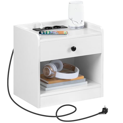 HOOBRO Nachttisch mit Ladestation, Beistelltisch mit Schublade und offenen Fächern, USB-Anschlüsse und Steckdosen, Ablageregal, Beistelltisch für Schlafzimmer, Wohnzimmer, Weiß EWT282BZ01 von HOOBRO