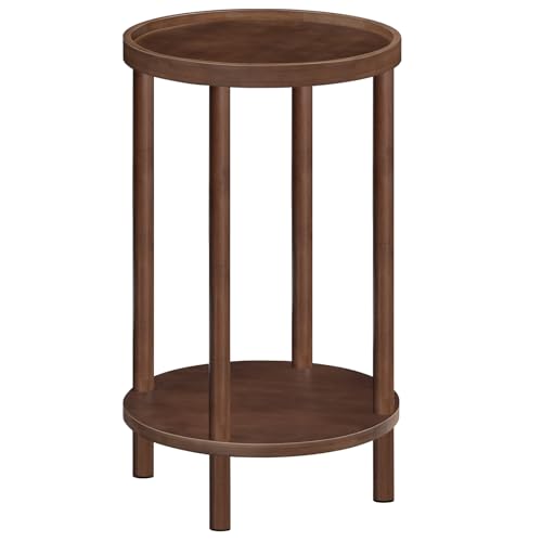 HOOBRO Beistelltisch rund aus Bambus, Nachttisch mit erhöhtem Rand, Sofatisch modern, für kleine Räume, Wohnzimmer, Schlafzimmer, Flur, Eingangsbereich, Dunkelrotbraun EMA156BZ01 von HOOBRO