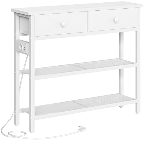 HOOBRO Schmaler Konsolentisch mit Steckdosenleiste, 75 cm Flurtisch, Beistelltisch mit Stoffschubladen, Eingangstisch, für Flur, Eingangsbereich, Wohnzimmer, Weiß EWW72CXG01 von HOOBRO