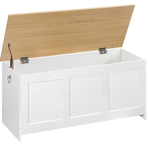 HOOBRO Truhen, Sitzbank mit Stauraum, Spielzeugkiste mit Deckel, 100 cm Aufbewahrungstruhe, Truhe mit Sicherheitsscharnier, Eingangsbereich, Weiß und Natürliche Holzfarbe EWN141CW01 HOOBRO Truhen, Sitzbank mit Stauraum, Spielzeugkiste mit Deckel, 100 cm Aufbewahrungstruhe, Truhe mit Sicherheitsscharnier, Eingangsbereich, Weiß und Natürliche Holzfarbe EWN141CW01 von HOOBRO