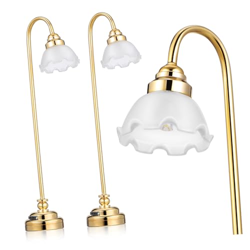 HOODANCOS 2 Stück Miniatur tischlampe Kunstvollem Goldfarbenem Blumen schirm Vergoldetes Metall Glas und Kunststoff Warmes Licht Puppenhaus Zubehör für Dekorative Miniaturmöbel von HOODANCOS