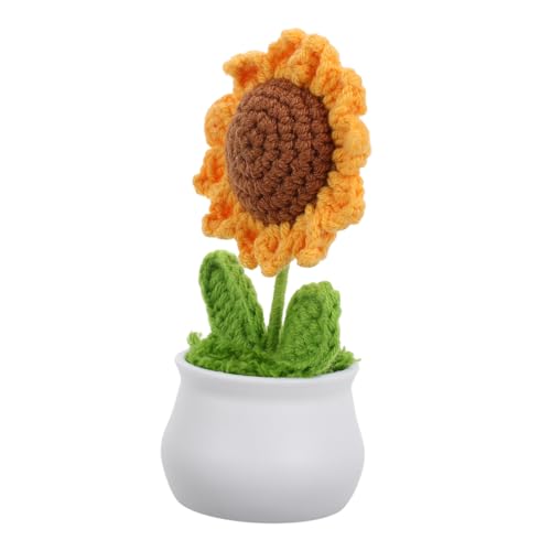 HOODANCOS Gehäkelte Künstliche Sonnenblume im Kleinen Topf Dekorative Strickblume aus Robustem Garn Pflegefreie Pflanzen Dekoration für Schreibtisch Büro und Zuhause Elegant und Langlebig von HOODANCOS