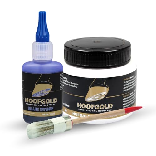 HOOFGOLD Hufbalsam Spezial & BlueStuff – Strahlfäule Pferd Mittel, Huffett & Hufpflege gegen Hufspalten, trockene Hufe, Hufrisse – 250 ml Balsam & 50 ml BlueStuff Set von HOOFGOLD
