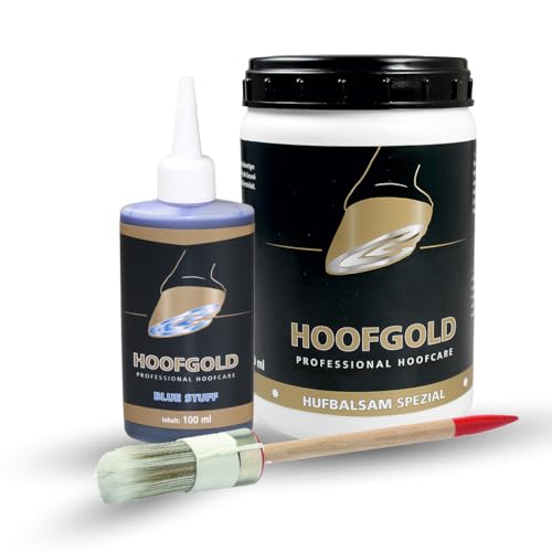 HOOFGOLD Set Hufbalsam Spezial & Bluestuff, effektive Strahlfäule Pferd Mittel, Huffett Pferde Hufpflege trockene Hufe und Hufspalten, Pferdepflege Huföl Oel Balsam 980 ml Hufbalsam & 100 ml BlueStuff von HOOFGOLD