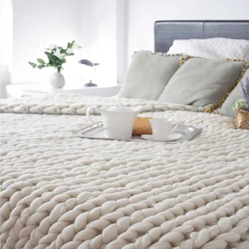 HOOJUEAN Grobstrick-Decke, Klobig,Grobstrick Wolldecke Strickdecke Tagesdecke Überwurf Decke, handgefertigt, für Bett und Sofa, Supergroß(Size:100×120cm,Color:Beige) von HOOJUEAN