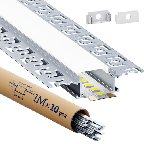 HOOLED 10 LED Aluminiumprofil 1m - Lichtdiffusor-Schiene für LED Trockenbauprofil 28 mm (mit Flügelbreite 64,2 mm) x 10 mm, Innenbreite 20,2 mm, mit milchigem PC-Abdeckung von HOOLED
