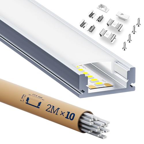 HOOLED 10 LED Aluminium Profil 2m, Lichtdiffusor‑Schiene Mit milchweißer PC-Abdeckung, LED Trockenbauprofil Maße 17,4 mm x 7 mm - Unterstützt die maximale Breite des Streifens 12,4 mm von HOOLED