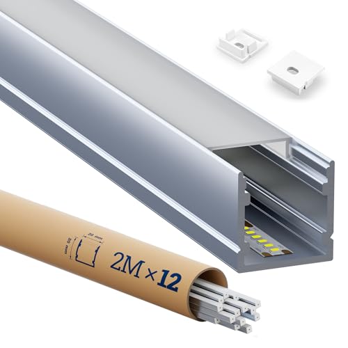 HOOLED 12 x 2 Meter Profile für LED-Streifen, Unterputz-Installation, matter Diffusor, maximale Streifenbreite 14 mm, Abmessungen 20 x 20 mm, SP33 von HOOLED