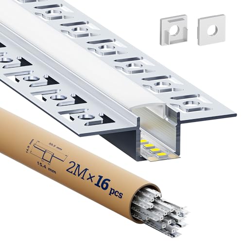 HOOLED 16 x LED Trockenbauprofil 2m - LED Aluminium Profil Schiene Unterputz mit Diffusor für Led Streifen bis 12,6 mm - Einbaukanal für indirekte Deckenbeleuchtung, Gipskarton, Wand und Decke von HOOLED