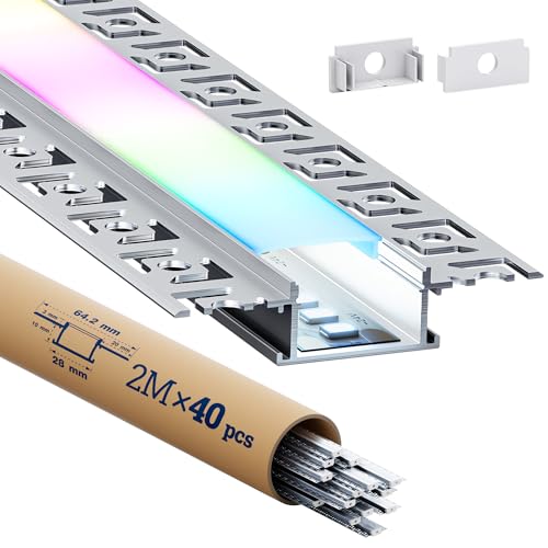 HOOLED 40 x LED Trockenbauprofil 2m, LED Aluminium Profil Schiene Unterputz mit Diffusor, Einbaukanal für indirekte Deckenbeleuchtung, Gipskarton, Wand und Decke von HOOLED